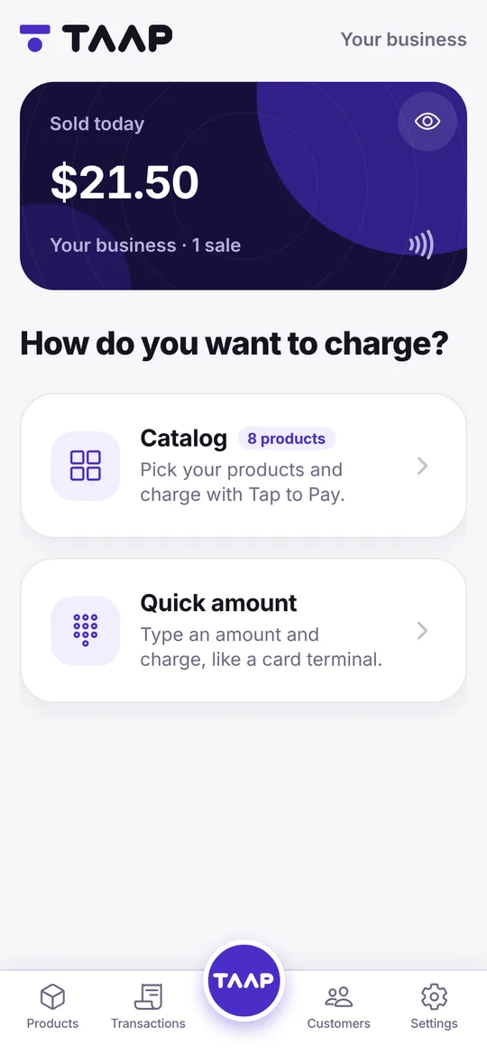 TAAP home screen: sold today and two ways to charge