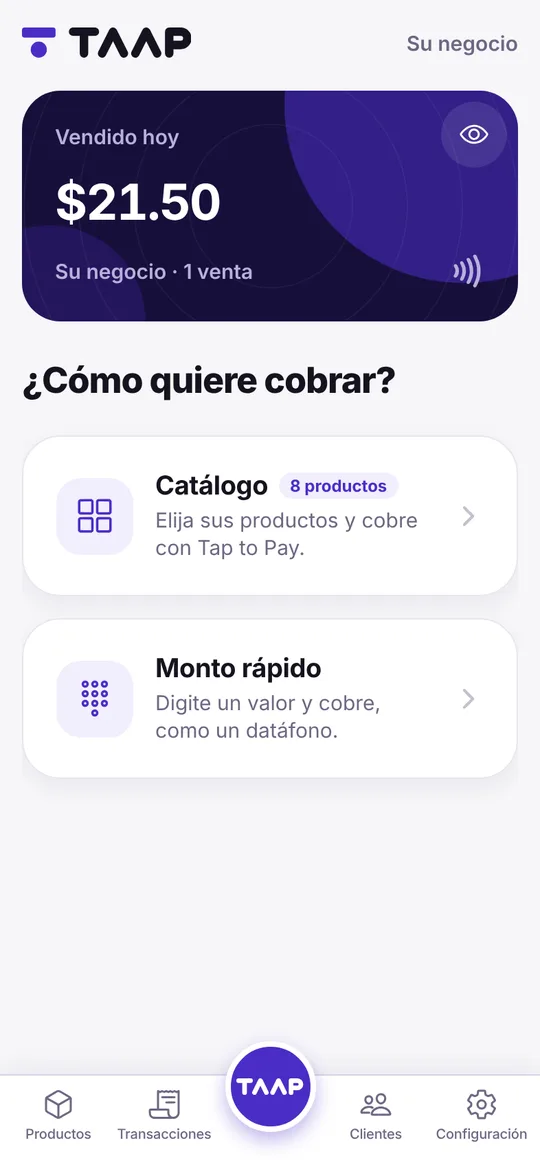 Pantalla de inicio de TAAP: vendido hoy y dos formas de cobrar